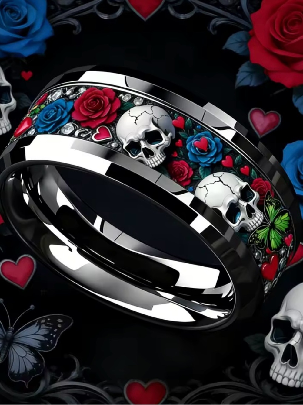 Skull And Roses Ring For Men, Size 11, Skull Ring, Fashion Ring, Stainless Steel - Picture 5 of 6
